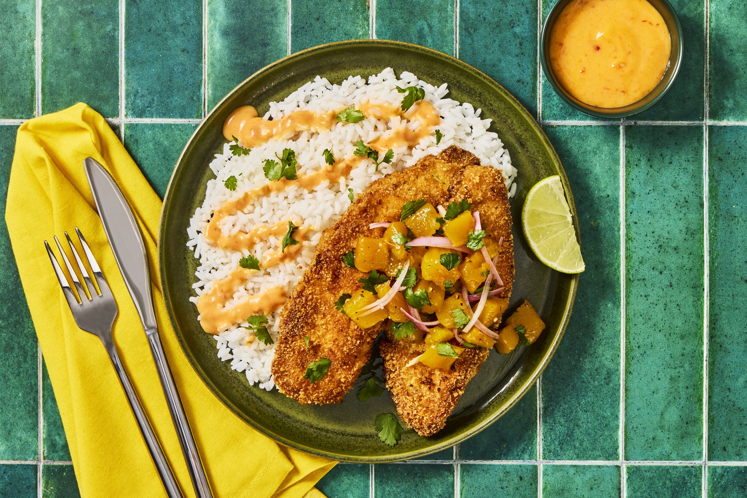 Panko Crusted Crispy Tilapia with Mango Salsa, White Rice and Sweet Chili-Lime Mayo by HelloFresh